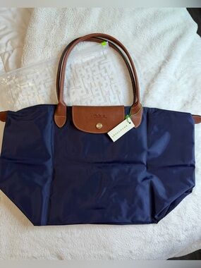NWT Longchamp Le Pliage Large Tote Bag Navy Blue Brown Leather trim